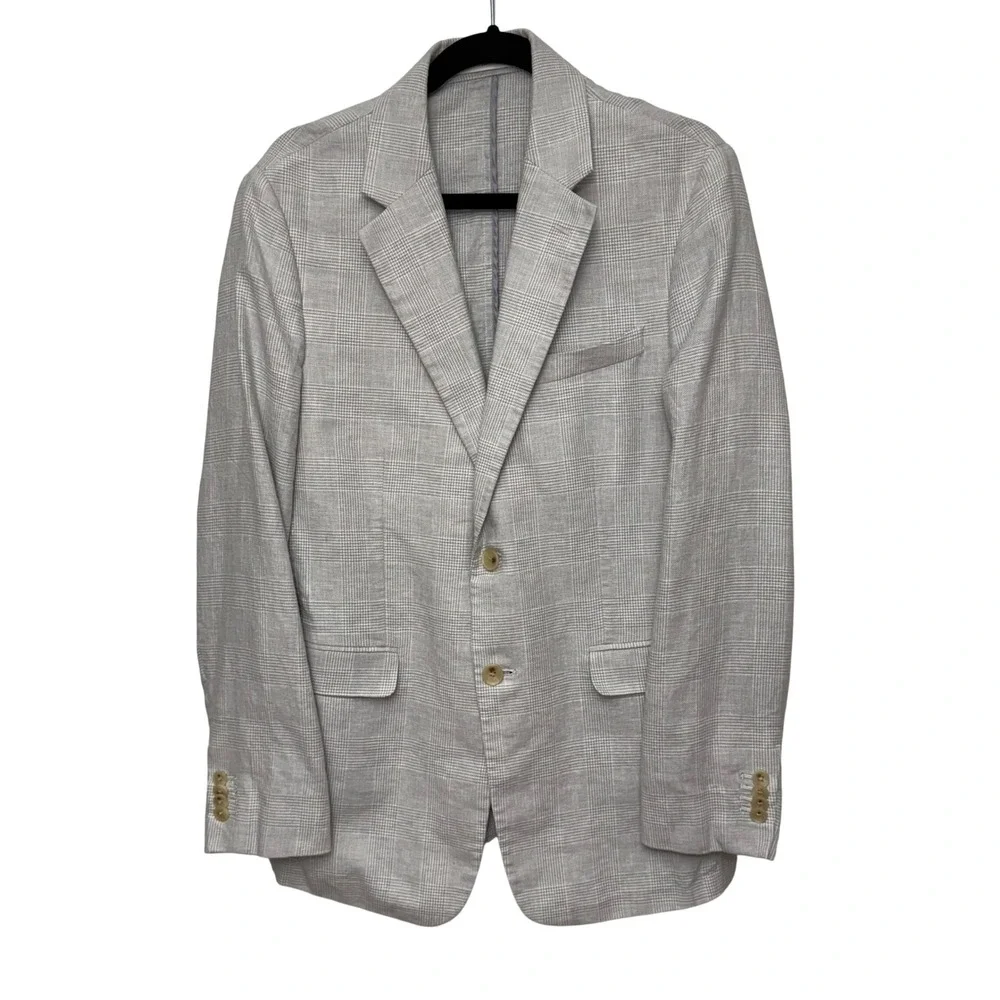 Banana Republic Mens 40L Grey Linen Cotton Glen Plaid Tailored Fit Blazer Jacket